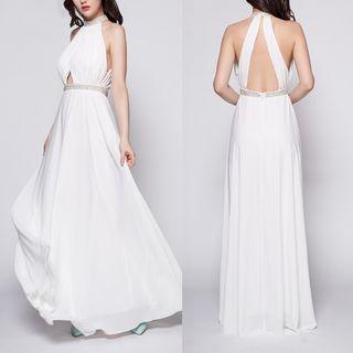 Embellished Open Back A-line Halter Evening Gown