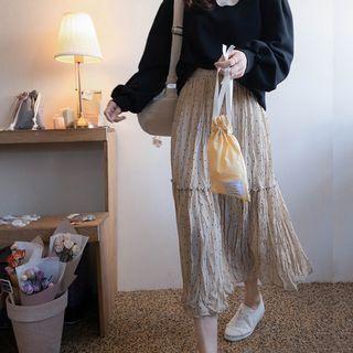 Band-waist Dotted Long Crinkled Skirt