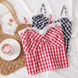 Lace-trim Checked Crop Top