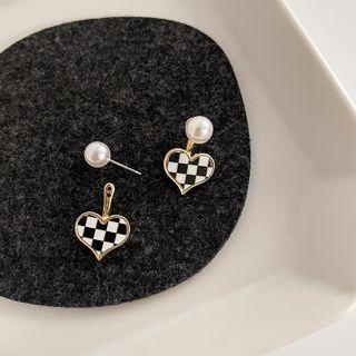 Faux Pearl Heart Checker Alloy Swing Earring 1 Pair - Black - One Size