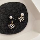 Faux Pearl Heart Checker Alloy Swing Earring 1 Pair - Black - One Size