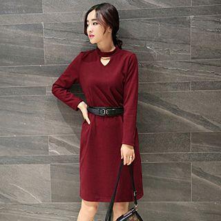 Long-sleeve Keyhole-front Dress