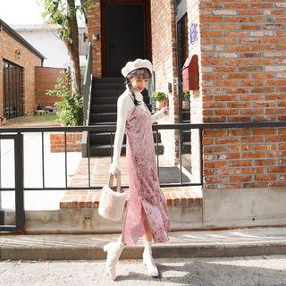 Slit-hem Velvet Long Pinafore Dress