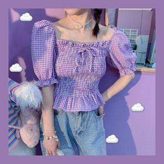 Plaid Puff-sleeve Peplum Blouse Purple - One Size
