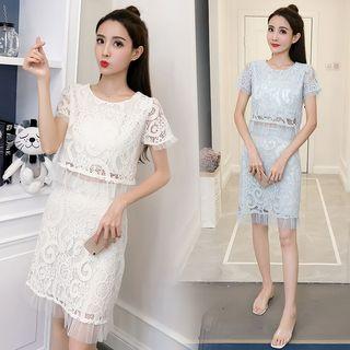Lace Set: Mesh Trim Short Sleeve Cropped Top + Skirt