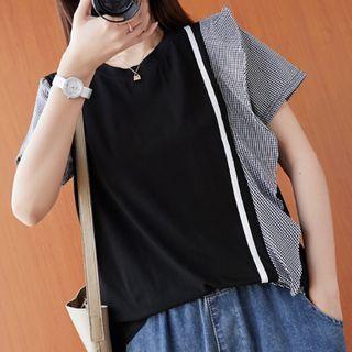 Short-sleeve Plaid Frill Trim T-shirt