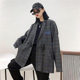 Letter Embroidered Plaid Buckle Detail Blazer
