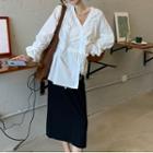 V-neck Lantern-sleeve Blouse / Midi Straight-fit Skirt