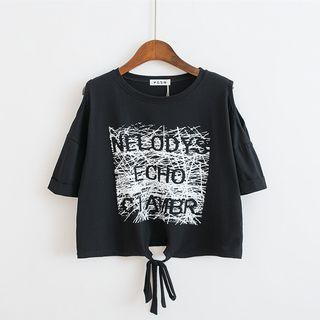 Shoulder-cutout Printed Elbow-sleeve Cropped T-shirt
