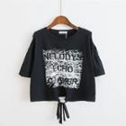 Shoulder-cutout Printed Elbow-sleeve Cropped T-shirt
