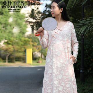 Long-sleeve Asymmetric Embroidery Midi Dress