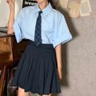 Elbow-sleeve Shirt / Plaid Tie / A-line Mini Skirt / Set