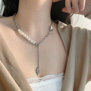 Heart Pendant Beaded Chain Necklace Silver - One Size