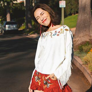 Embroidered Fringed Off-shoulder Sweatshirt