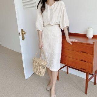 Set: Balloon-sleeve Linen Blend Top + Band-waist Midi Skirt