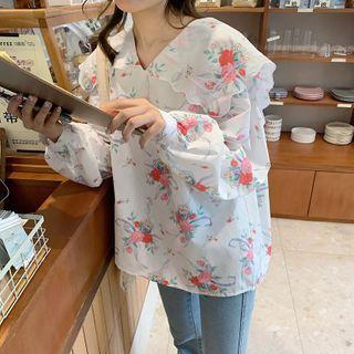 Peter Pan Collar Floral Print Shirt White - One Size