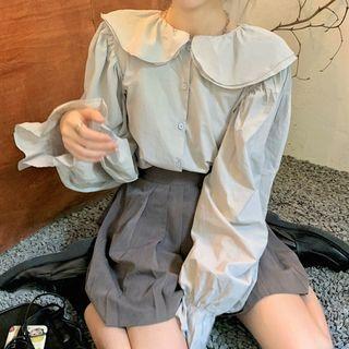 Ruffled Trim Plain Blouse / Pleated Skirt