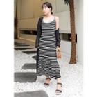 Set: Long-sleeve Long Cardigan + Sleeveless Stripe Long Dress