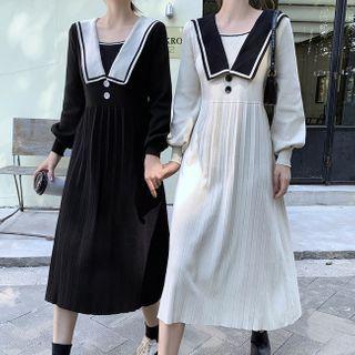 Puff-sleeve Sailor Collar Midi Knit Dress