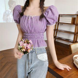 Puff-sleeve Tie-accent Lace Trim Plaid Blouse