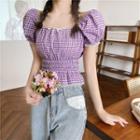 Puff-sleeve Tie-accent Lace Trim Plaid Blouse