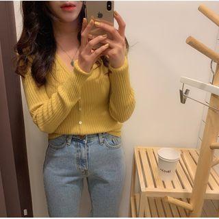 Rib-knit V-neck Cardigan Yellow - One Size