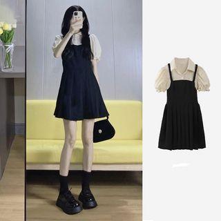 Puff-sleeve Collar Mock Two-piece Mini Dress