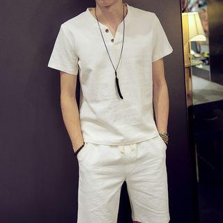 Set : Split-neck Short-sleeve Linen Top + Shorts