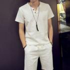 Set : Split-neck Short-sleeve Linen Top + Shorts