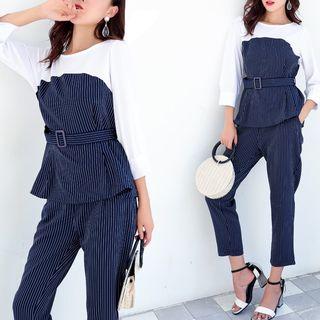Set: Striped Panel 3/4-sleeve Top + Striped Cropped Pants