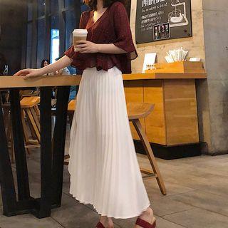 Dotted Elbow-sleeve Blouse / Midi Accordion Pleat Skirt