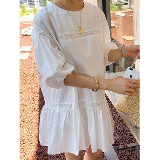 Eyelet Lace Puff-sleeve Shift Dress