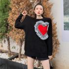 Heart Applique Ruffle Sweater Black - One Size