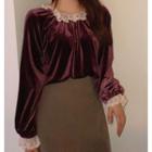 Lace Trim Velvet Long-sleeve Top As Shown In Figure - One Size