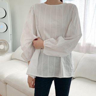 Plus Size Puff-sleeve Stitch-trim Blouse