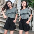 Set: Short Sleeve Lettering Glittered Top + Lace-up Shorts