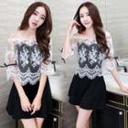 Set: Lace Elbow-sleeve Top + Strapless Dress