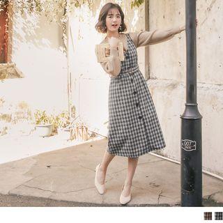V-neck Plaid Buttoned Pinafore Dress