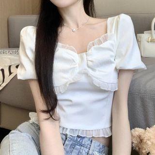 Puff-sleeve Ruffle Trim T-shirt White - One Size