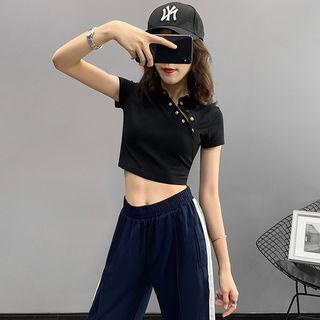 Asymmetric Snap-button Crop Polo Shirt