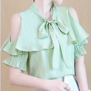 Tie-neck Cutout Shoulder Ruffle Chiffon Top