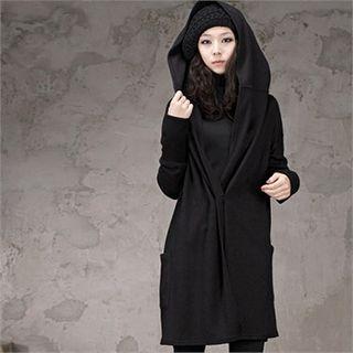Pocket-detail Hooded Long Cardigan Black - One Size
