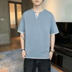 Elbow-sleeve Notched T-shirt