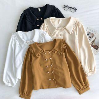 Plain Double-breasted Peter-pan Collar Long-sleeve Blouse