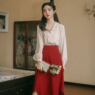 V-neck Blouse / Irregular Hem Midi A-line Skirt / Set