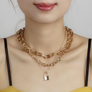 Alloy Lock Pendant Layered Necklace Gold - One Size