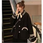 Contrast Trim Buttoned Jacket / Lace Tie-neck Midi Knit Dress