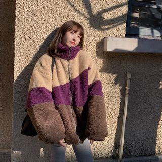 Long-sleeve Color Block Faux Fur Zipped Jacket As Shown In Figure - One Size