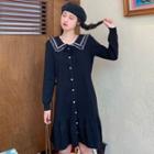 Long-sleeve Collared Single Breasted Knit Dress Black - One Size