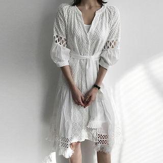 Open-placket Lace Midi Shirtdress